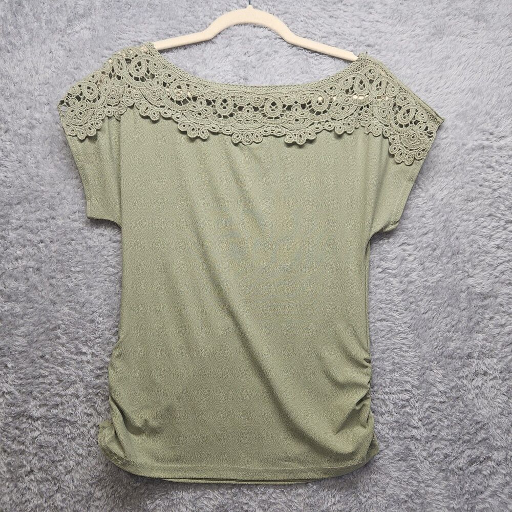 E&M Womens Green Crochet Lace Trim Blouse Medium Fairy Grunge Feminine